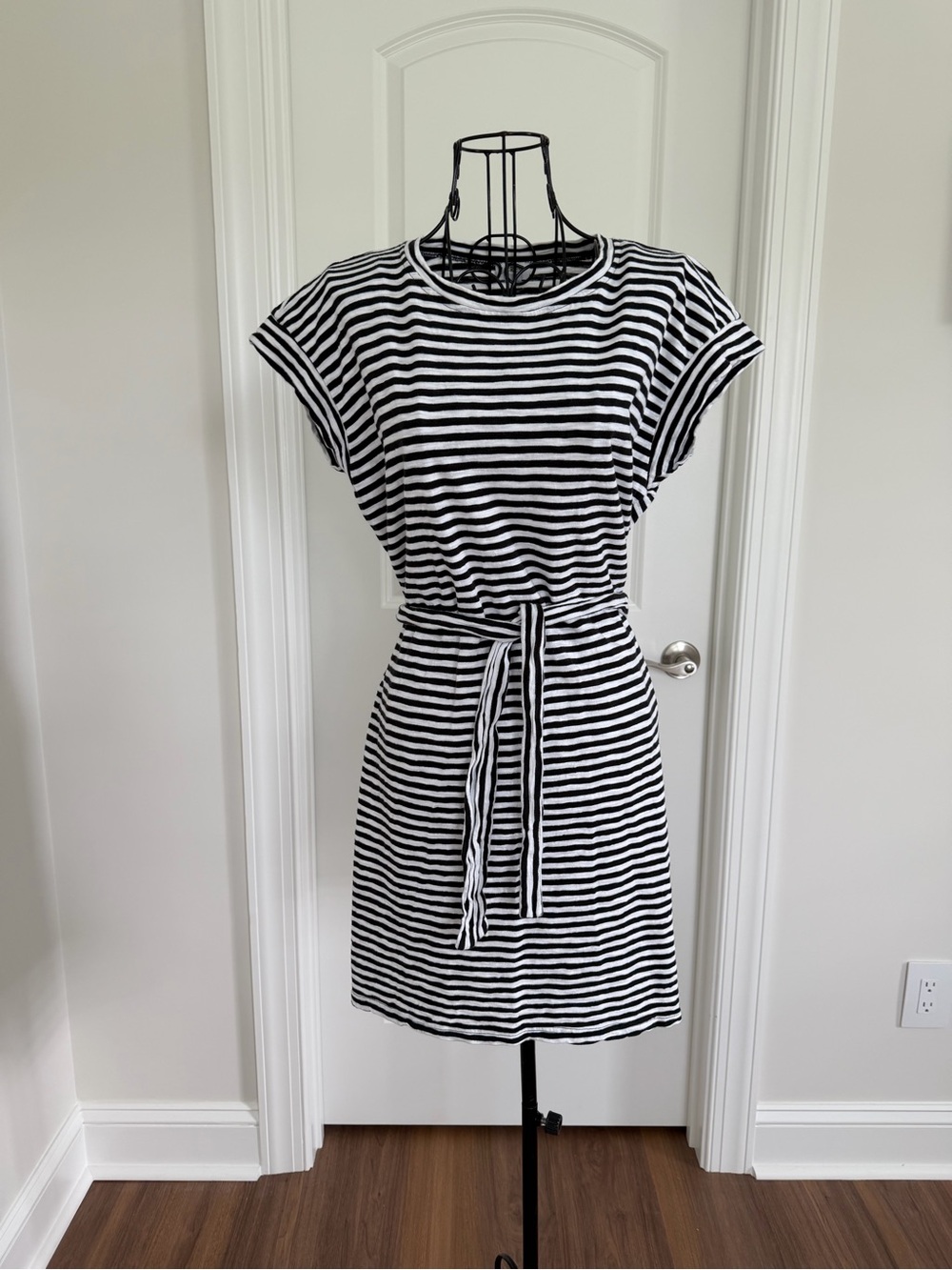 J. Crew Black & White Striped Tie-Waist Mini Dress